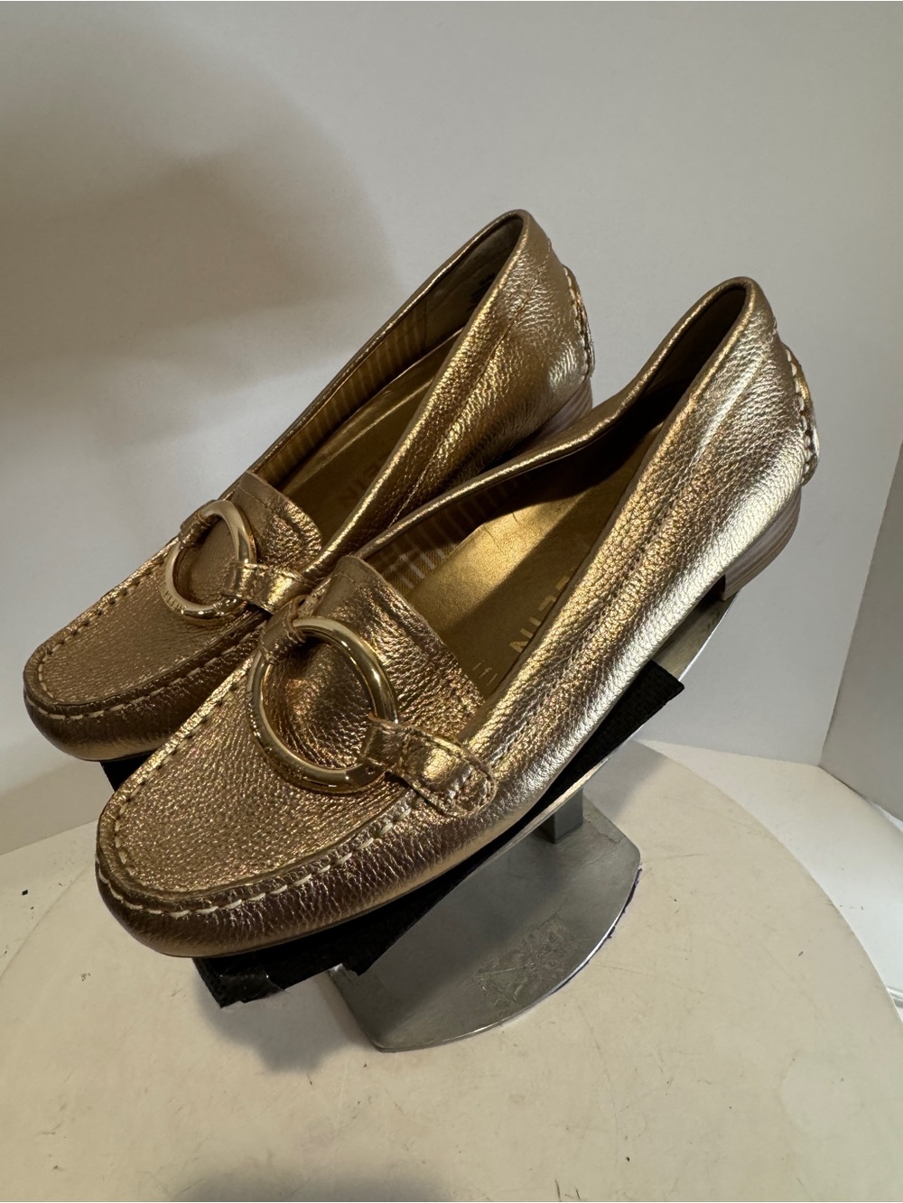Anne Klein Metallic Gold Loafers with Ring Accent